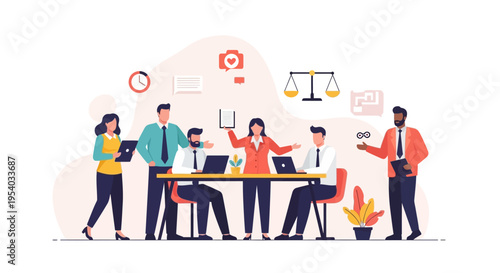 Diverse Business Team Collaboration in Office Meeting. Flat Design Illustration with Icons for Time, Marketing, Justice, and Communication.