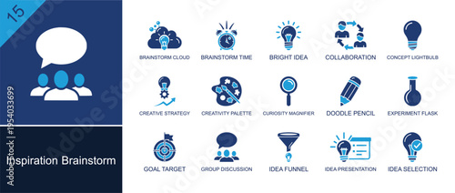 Inspiration brainstorm icon set. Containing bright idea, collaboration, creative palette, pencil, flask, goal target, discussion, funnel, concept lightbulb and more. Solid fill vector icons.