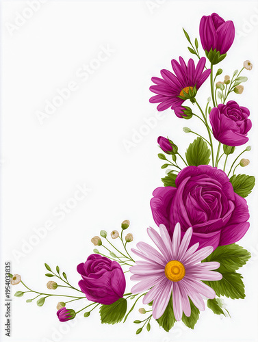 Floral design showcasing purple roses and daisies with green foliage on a clean white background, ideal for various decorative applications