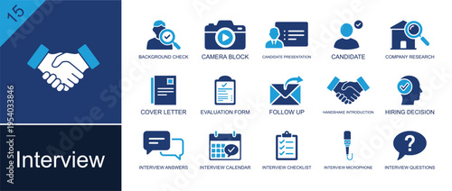 Interview icon set. Containing candidate, cover letter, follow up, hiring decision, interview calendar, checklist, microphone, questions, handshake and more. Solid fill vector icons.