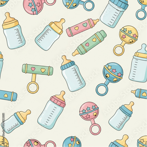 Baby Bottles and Toys Pattern Illustration.