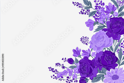 Floral design showcasing purple roses and daisies with green foliage on a clean white background, ideal for various decorative applications