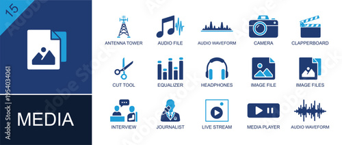 Digital media icon set. Containing antenna tower, audio waveform, clapperboard, equalizer, headphones, image file, journalist, live stream, media player and more. Solid fill vector icons.
