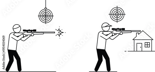 Stick Figure Sniper Shooting Rifle at Target, Vector Illustration of Marksman Training and Home Defense Practice Isolated on White Background