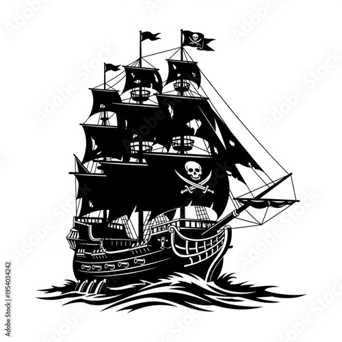 Pirate Ship Sailing on the Ocean Waves.