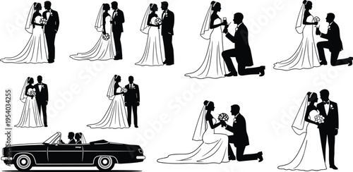 Wedding Couple Silhouette Set, Vector Illustration of Bride and Groom, Proposal Scenes, and Just Married Car for Romantic Marriage Design