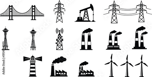  Industrial infrastructure icon set vector illustration, bridge, power lines, factory, wind turbine, and oil pump silhouettes, energy and engineering elements