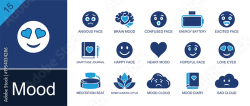 Mood icon set. Containing anxious face, brain mood, confused face, energy battery, gratitude journal, happy face, heart mood, meditation seat, mood diary and more. Solid fill vector icons.