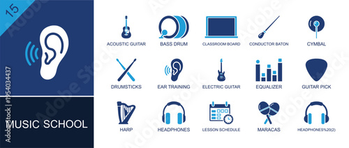 Music school icon set. Containing acoustic guitar, bass drum, classroom board, conductor baton, drumsticks, electric guitar, harp, headphones, maracas and more. Solid fill vector icons.