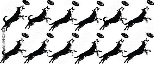 Jumping Dog Catching Flying Disc Silhouette Set, Vector Illustration of Playful Pets Training and Exercising Isolated on White Background, Canine Sport