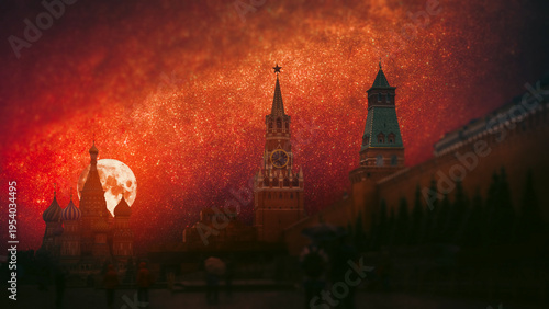Fotografie Blood Moon Rising over Moscow Red Square and Kremlin under Red Space Nebula with