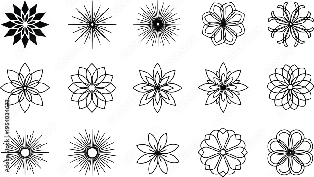 Obraz premium Collection of abstract floral mandala shapes and geometric flower patterns, decorative vector set isolated on white background for design