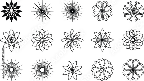 Collection of abstract floral mandala shapes and geometric flower patterns, decorative vector set isolated on white background for design