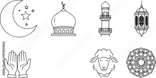 A collection of line art icons representing Islamic culture and holidays on a white background.