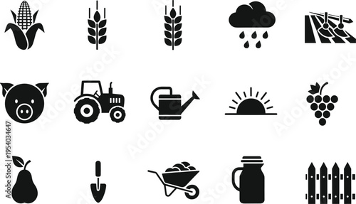Collection of agriculture and farming icons including corn wheat tractor watering can sunrise fruits and tools vector set isolated