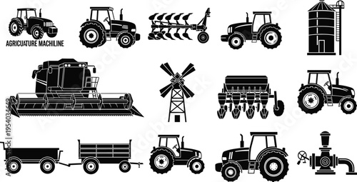 Collection of agriculture machinery silhouettes including tractors combine harvester plow seeder and farm equipment icons for rural farming set