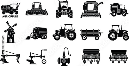 Collection of agriculture machinery silhouettes including tractors harvester plow seeder and farm equipment icons for rural farming industry set