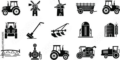 Collection of agriculture machinery silhouettes including tractors plow harvester windmill and farm equipment icons for rural farming industry set