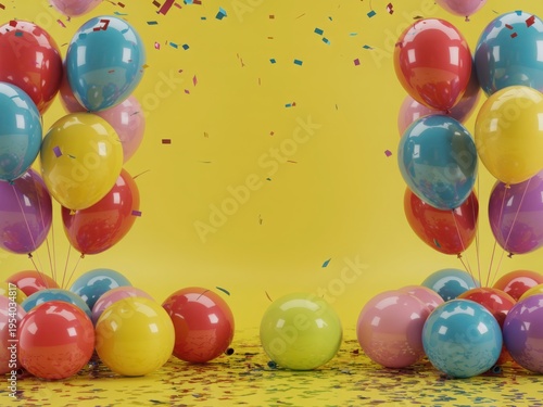 A festive celebration background featuring vibrant multi colored balloons and falling confetti