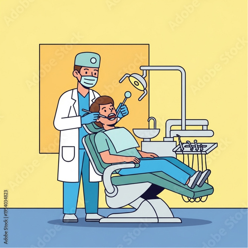 Dentist Examining Patient in Dental Chair.