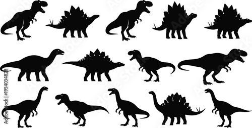 Collection of dinosaur silhouettes including T rex stegosaurus and sauropod species prehistoric animal vector set isolated on white background