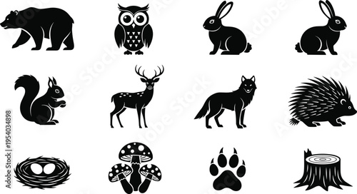 Collection of forest animal and nature silhouettes including bear owl rabbit deer wolf porcupine and elements vector set isolated