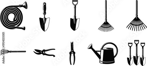 Collection of gardening tool silhouettes including rake shovel hose watering can and pruning shears, landscaping and agriculture equipment icon set