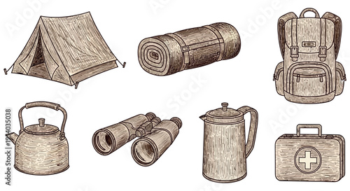 Hand-Drawn Vintage Camping Gear Set – Essential Outdoor Adventure Equipment Collection, Featuring Tent, Backpack, and First Aid Kit in Sketch Art Style