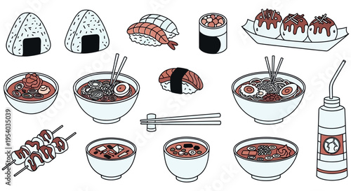 Japanese Food Illustration Set Ramen, Sushi, Onigiri, Dango, Skewers. Clean line art style with red accents, ideal for Asian cuisine and cultural designs