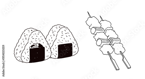 Delicious Japanese Food Illustration Onigiri Rice Balls and Skewers in Minimalist Line Art Style