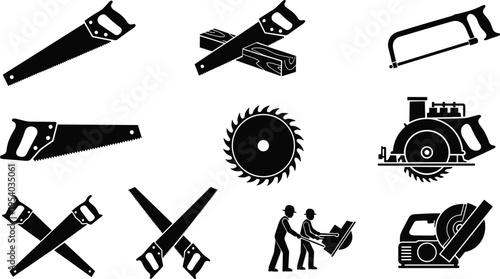 Collection of hand saw silhouettes and circular cutting tools, woodworking equipment icons, industrial carpentry blades and construction tool set