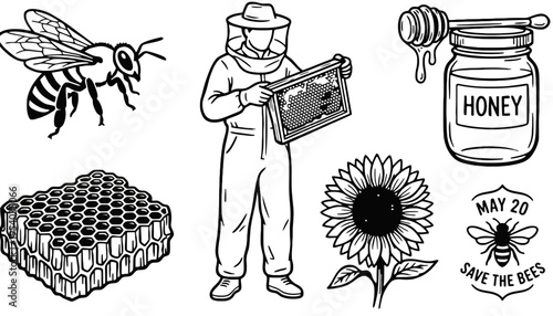 Bee beekeeper illustration set with honey and sunflower vector graphics
