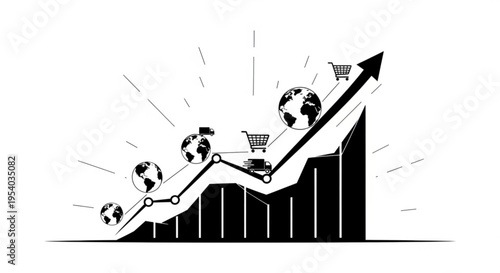 A black and white vector graphic illustration of a line graph with shopping carts and globes rising up a chart with an upward arrow