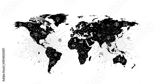 A black and white vector illustration of a world map with various symbols and lines radiating from the continents on a plain white background