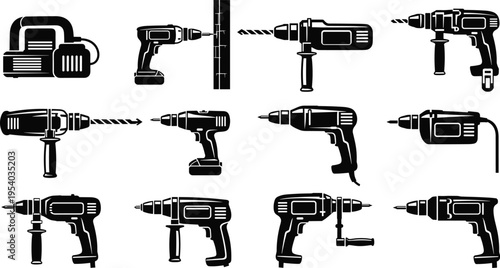 Collection of power drill silhouettes including electric cordless drills, hammer drills and industrial drilling machines for construction workshop tool icons