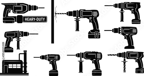 Collection of power drill silhouettes including heavy duty electric cordless drills and industrial drilling machines for construction equipment icon set