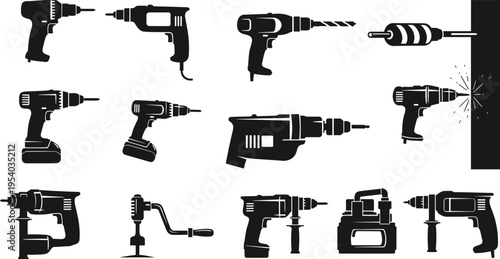 Collection of power drill silhouettes showcasing cordless electric drilling tools, industrial construction equipment and professional workshop hardware icons set