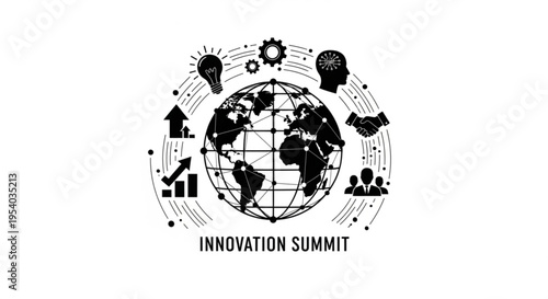 A black and white vector graphic illustration of a globe surrounded by icons representing innovation and business at a summit
