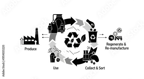 A black and white vector graphic illustrating the recycling process from production to regeneration and re-manufacturing in a circular economy
