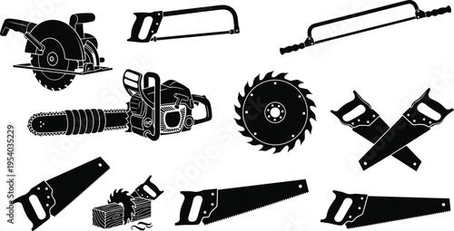 Collection of saw and cutting tool silhouettes including chainsaw circular blade and hand saws, woodworking and construction equipment icons