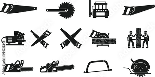 Collection of saw and cutting tool silhouettes including chainsaw circular blade and hand saws, woodworking and construction equipment icon set