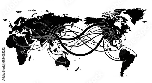 A black and white vector graphic illustration of a world map with multiple arrows and lines indicating global connections and travel routes