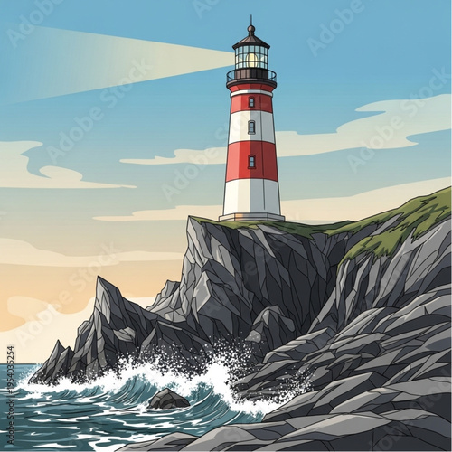 Red and White Lighthouse on Rocky Coast.