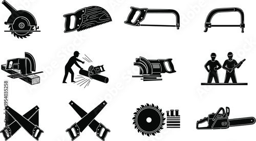 Collection of saw and cutting tool silhouettes including chainsaw circular blade and hand saws, woodworking and construction equipment icons
