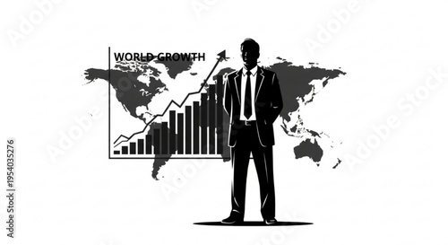 A silhouette of a businessman standing confidently in front of a world map and a growing graph illustrating global business growth and success