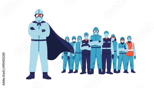 Hero worker in a protective suit standing with a team