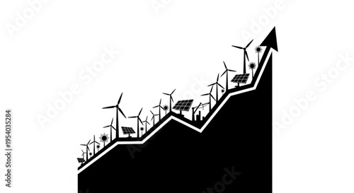 A black and white vector graphic illustration of a graph with wind turbines and solar panels on a rising line