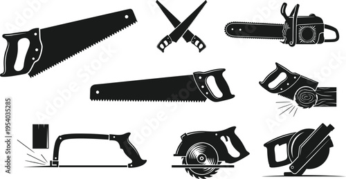 Collection of saw and cutting tool silhouettes including chainsaw circular saw and hand saws, woodworking and construction equipment icons