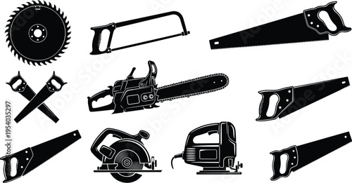 Collection of saw and cutting tool silhouettes including chainsaw circular blade and hand saws, woodworking construction equipment icons