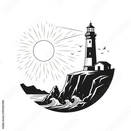 Black and White Lighthouse Illustration on Cliff.